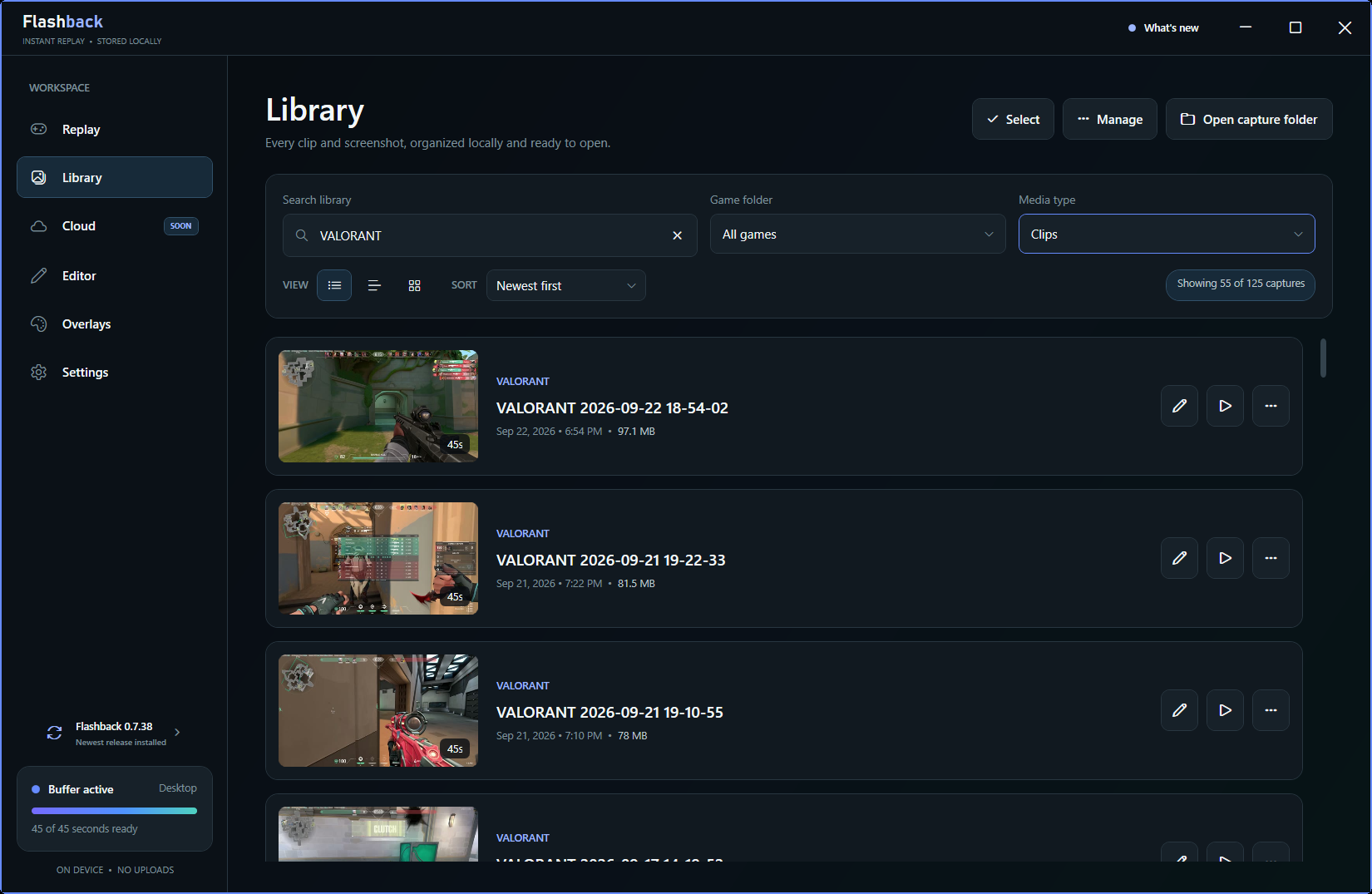Flashback Clips library with organized VALORANT recordings, video previews, and clip actions