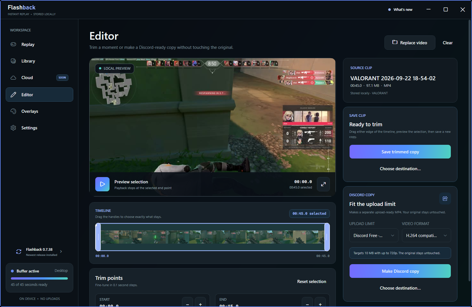 Flashback local clip editor showing a gameplay preview, storyboard timeline, and trim controls