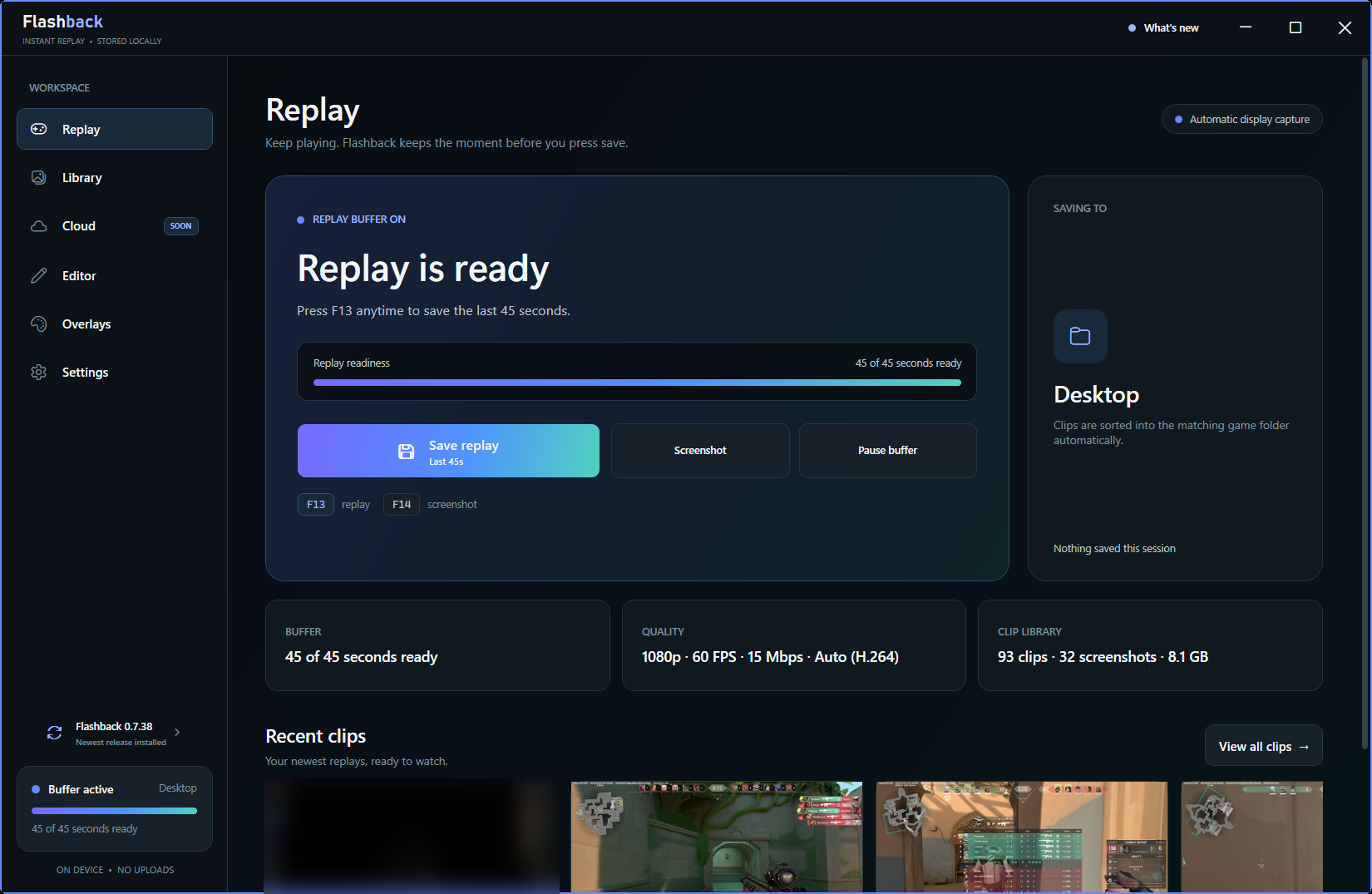 Flashback Replay dashboard showing a full 45-second replay buffer and recent game clips