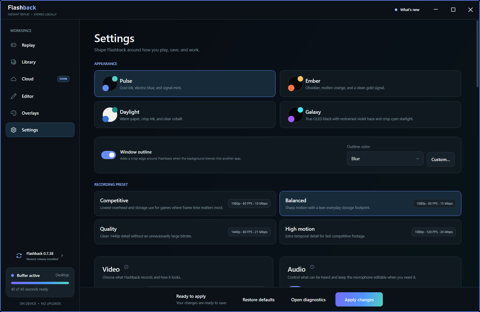 Flashback video, naming, audio, and local voice-control settings